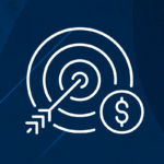 An illustration of a white target with an arrow at the center, alongside a dollar symbol. It represents financial goals or business success.